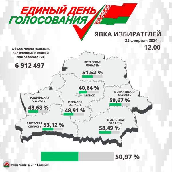 ЦИК: На 12.00 явка избирателей составила 50,97 %